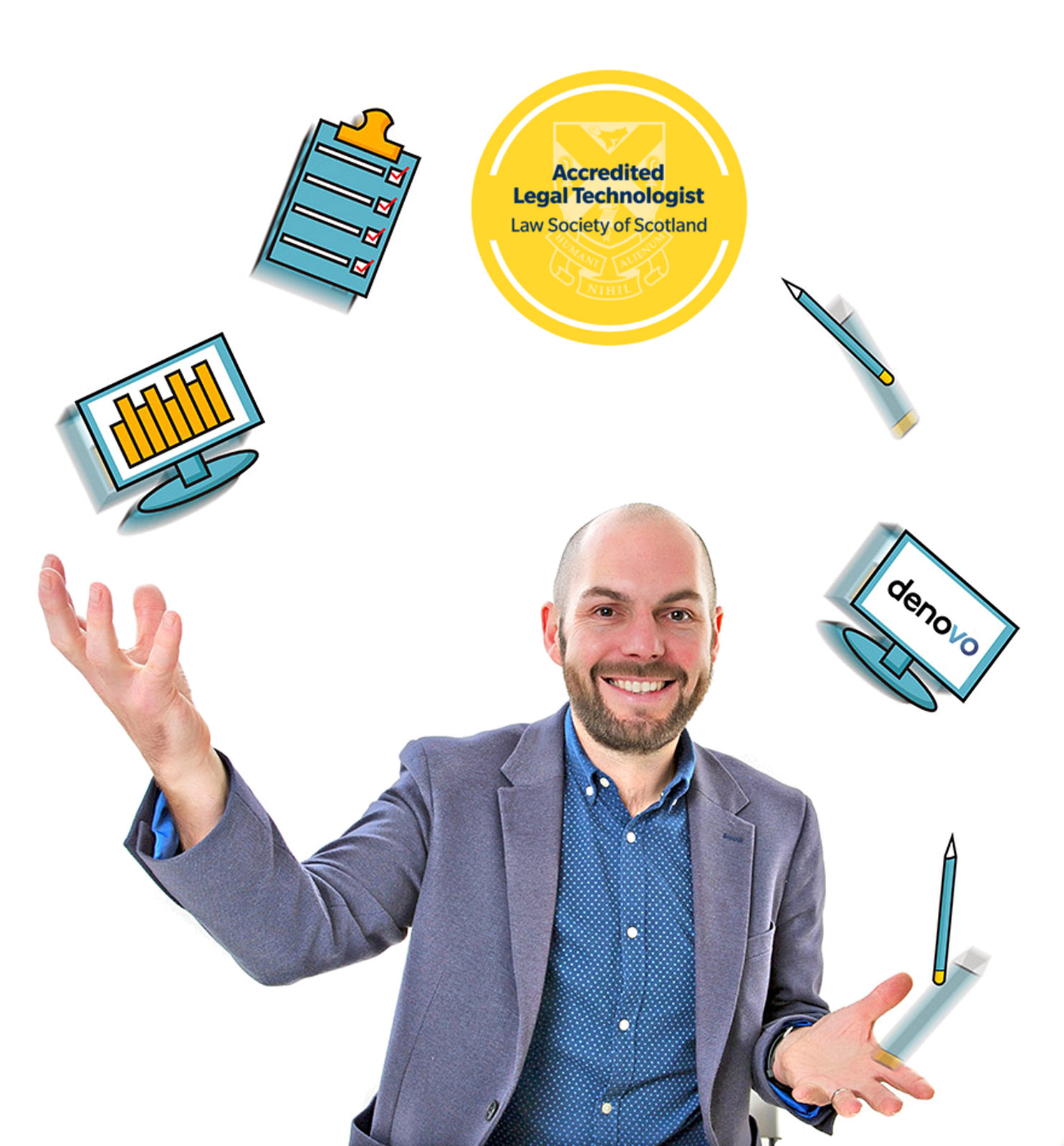 Steven hill from Denovo, illustrated with cartoon versions of items relating to their Accreditation